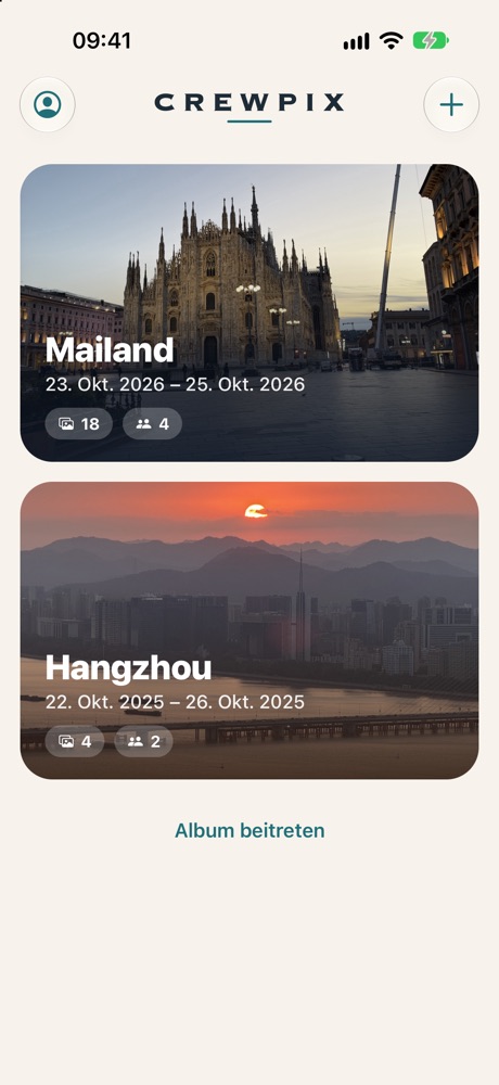 Startseite mit den Alben Mailand und Hangzhou